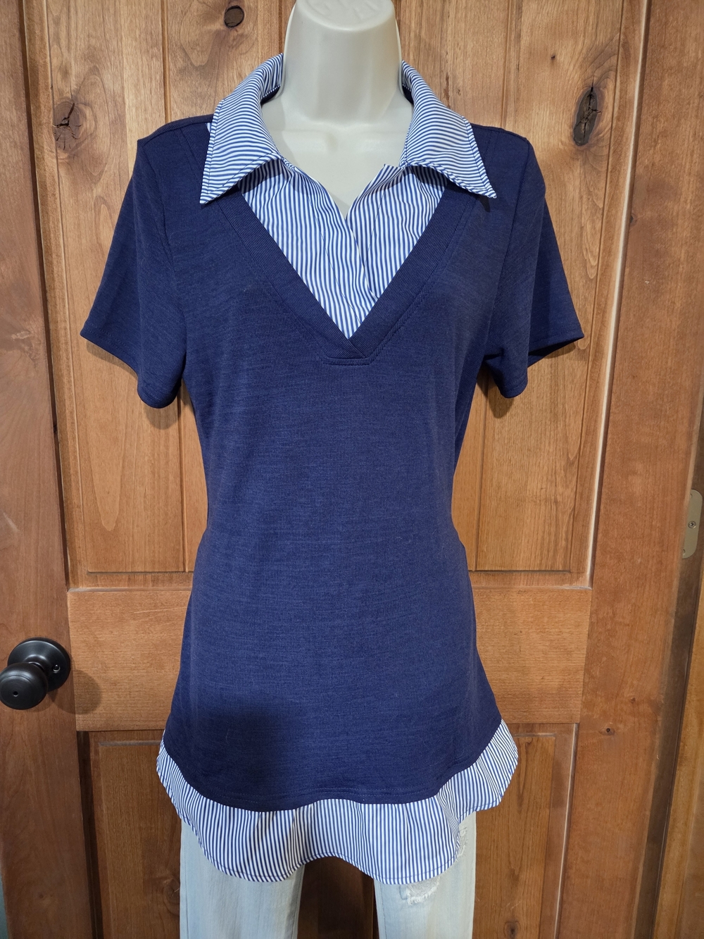 Striped-Collar Navy V‑Neck Layered Women's Top